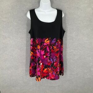 Susan Graver Liquid Knit Tank Top‎ 1X Black Floral Bold Artsy Sleeveless Blouse